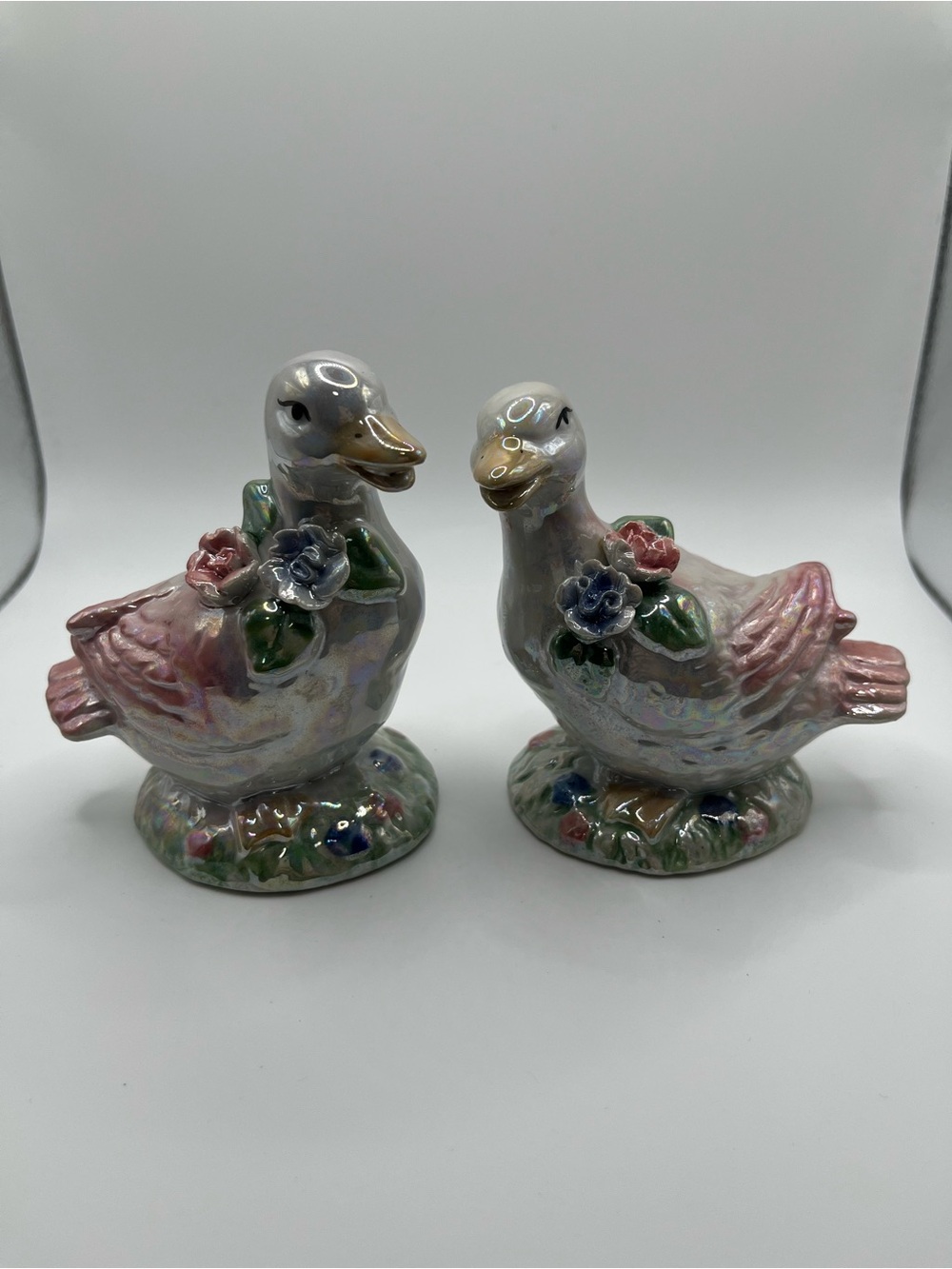 Vintage Opal Glazed Goose Figurines Iridescent Ceramic